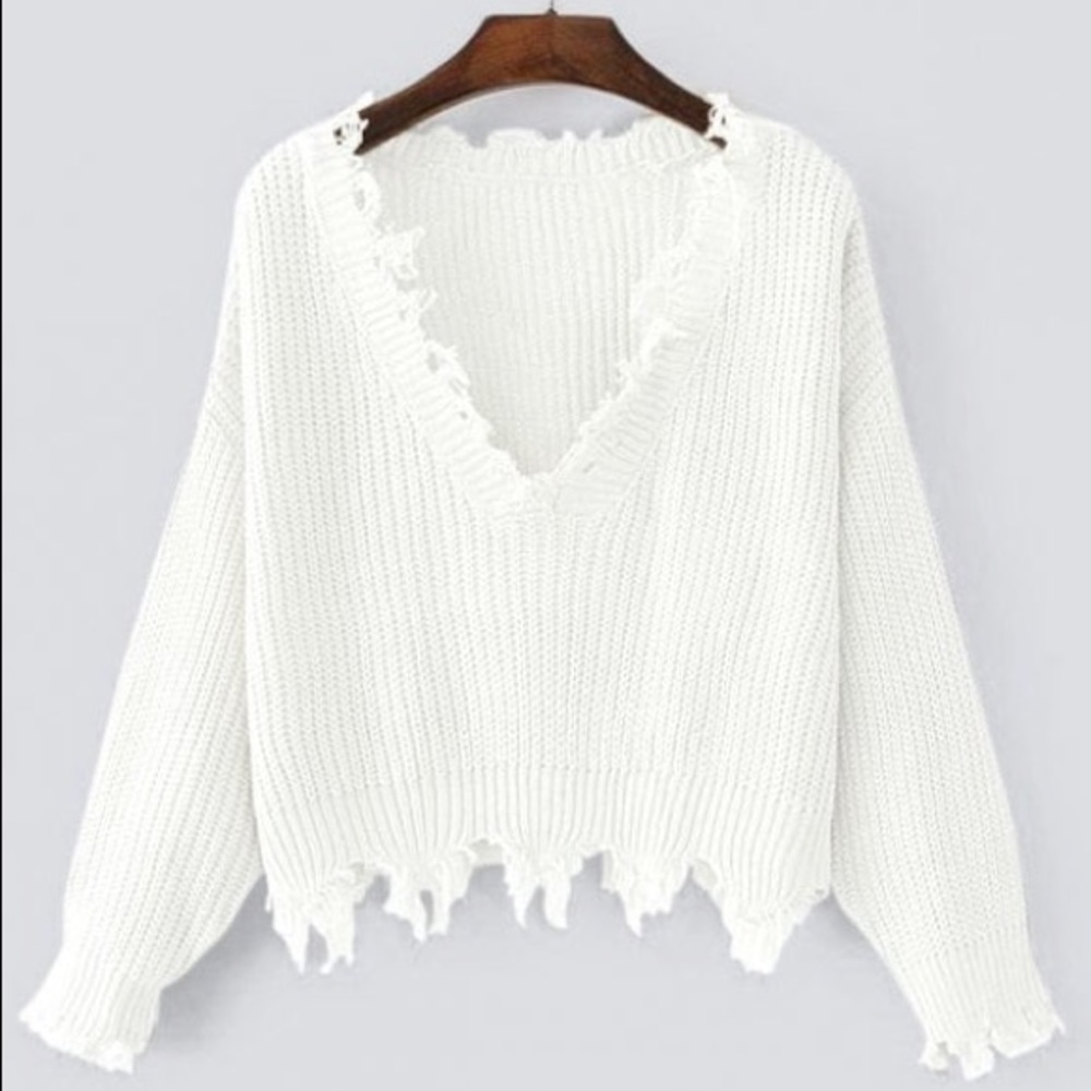 White crop fringed sweater NWT